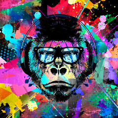 monkey head in headphones and mask with creative abstract elements isolated on white background, close view  © reznik_val