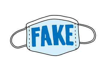 Fake mask, a hand drawn vector doodle of a counterfeit surgeon face mask with the word FAKE written on it, isolated on white background.