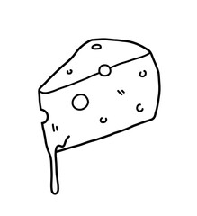 Melted cheese wedge doodle, a hand drawn vector doodle of a piece of a cheese wedge, isolated on white background.