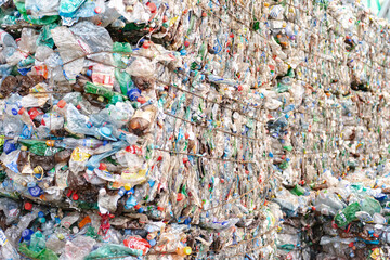 Bales of plastic bottles after the press. Sorting garbage plant in the Moscow region.
