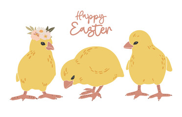 Abstract Easter chickens set, boho Easter chickens, Easter chicks decoration, traditional elements, Happy Easter vector card