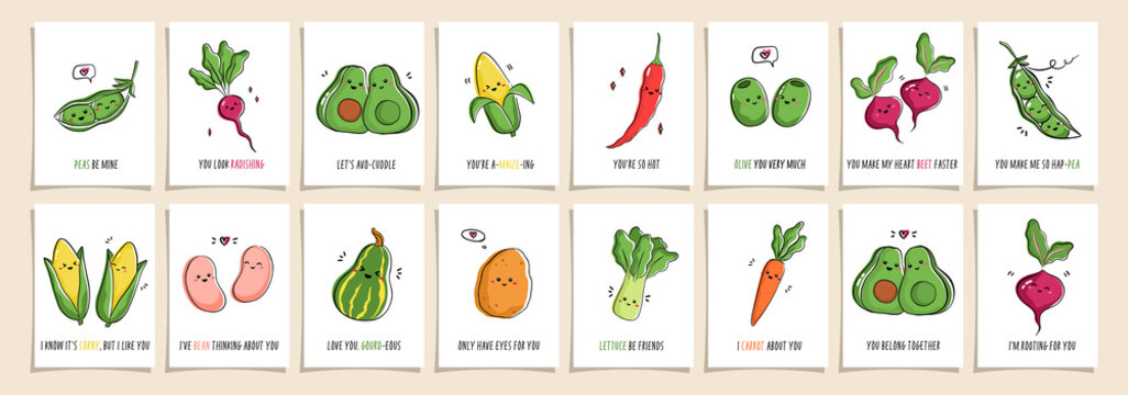 Set of greeting cards Punny veggies with cute veggies and funny phrases. Collection of postcards with kawaii veggy and puns. Vector cartoon illustration