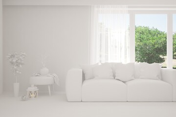 Mock up of stylish room in white color with sofa and green landscape in window. Scandinavian interior design. 3D illustration