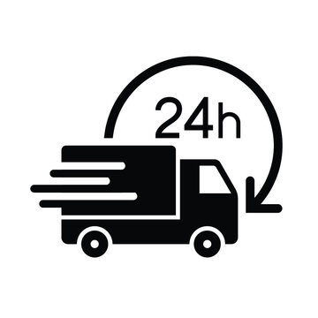 Shipping fast delivery 24h truck with arrow clock icon symbol, Pictogram flat design for apps and websites, Isolated on white background, Vector illustration