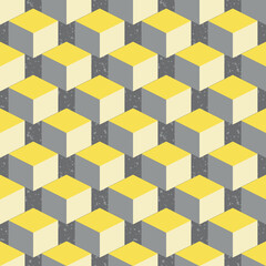 Obraz premium 3D isometric cube vector seamless pattern background. Diagonal rows of yellow grey cubes on textured terrazzo backdrop. Abstract design with geometric shapes. Staircase layout. Repeat for business