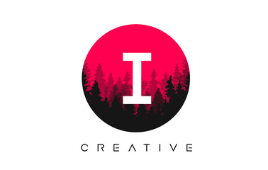 Obraz premium I Letter Logo Design with Pine Forest Vector Shapes and Red Circular shape Color