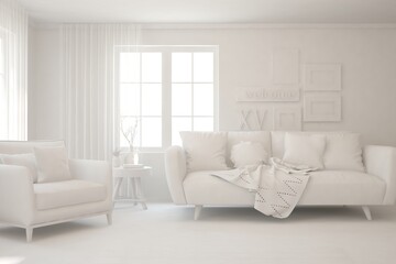 White minimalist living room with sofa. Scandinavian interior design. 3D illustration