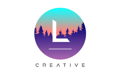 Creative L Letter Logo Design with Pine Forest Vector Shapes and Pastel Colors