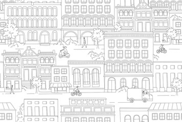Cityscape, houses, buildings, street with pedestrians, traffic. Seamless background pattern