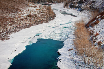 Ice on the river floating ice floes of the river are being released spring has come in the Altai...