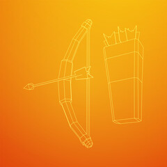 Medieval Bow and arrow archer weapon. Wireframe low poly mesh vector illustration.