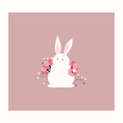 Cute white rabbit in flowers. Vector art.