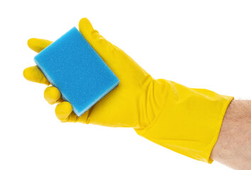 blue sponge for washing and cleaning in a woman's hand. Hand in latex glove isolated on white. A gloved hand holds a sponge