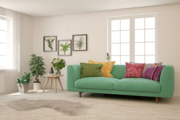 White living room with sofa. Scandinavian interior design. 3D illustration