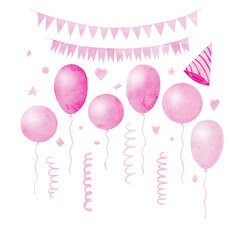 Pink baloons set isolated. Abstract watercolor free-hand illustration for postcard, invitation, banner