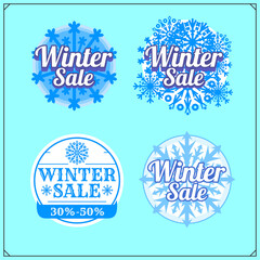 Winter sale logos, emblems and badges. Lettering spring season with beautiful openwork snowflakes.