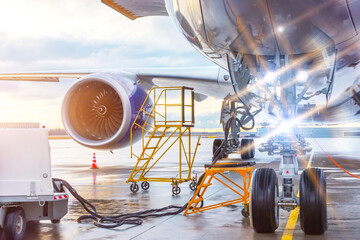 The front landing gear and auxiliary power installation to ensure autonomous power supply of the aircraft, in the background the engine. Bright lights on the headlights.