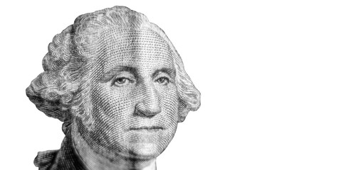 Portrait of George Washington on one Dollar bill isolated on white background. Copy space for design.