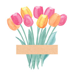 Spring tulips bouquet, abstract watercolor free-hand illustration for postcard, invitation, banner