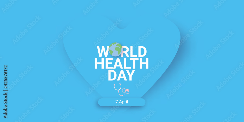 Wall mural world health day blue concept banner with heart, earth globe and stethoscope. - Wall murals