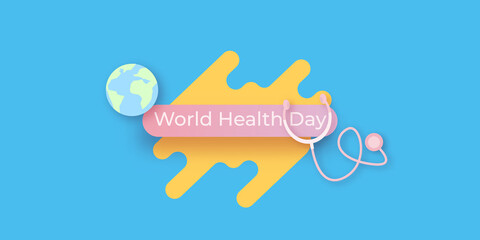 world health day blue concept banner with heart, earth globe and stethoscope.