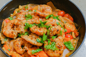 Marinated organic shrimp scampi dish 