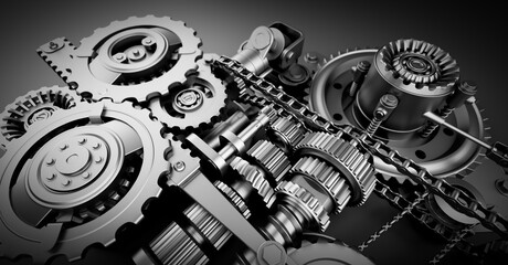Gears and cogs mechanism. Industrial machine, engine