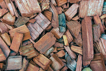 Texture, large sawdust, wooden pieces of various shapes and sizes., top view, close-up