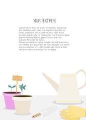 Vector banner with garden tools (watering can, flower pot, plants) and place for text on white background. Template for site, poster, web and advertising banner, article about garden, card or flyer.