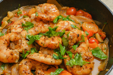 Marinated organic shrimp scampi dish 