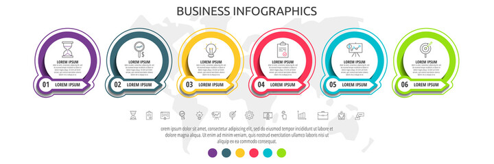 Modern and simple flat vector circles infographic with six steps, labels. Timeline for diagram, chart, web, workflow layout, flowchart, info graph, content, levels, chart, processes diagram
