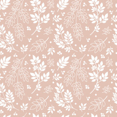 White tree branches on neutral beige background. Abstract Plant, silhouette and outline Twigs, Leaves. Floral seamless pattern, vector texture for fashion textile print, fabric, wrapping, gift paper