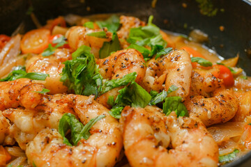 Marinated organic shrimp scampi dish 