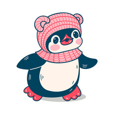 Winter illustration. Funny cartoon penguin  isolated on a white background