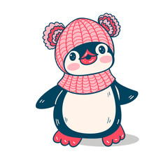 Winter illustration. Funny cartoon penguin  isolated on a white background