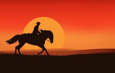 wild west sunset landscape scene vector silhouette design with cowboy riding horse and sun disk