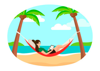 A girl in a hammock with a tablet is working. Rest at the sea. A tourist lies on a tropical island. Work remotely. Freelance girl working on the coast. Distance learning.