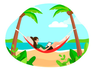 A girl in a hammock with a tablet is working. Rest at the sea. A tourist lies on a tropical island. Work remotely. Freelance girl working on the coast. Distance learning.