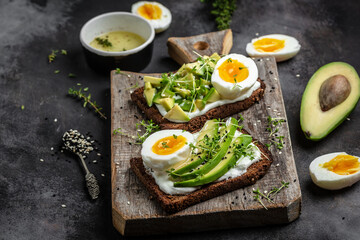Sandwich with avocado and Egg. Wholemeal Bread Toast sliced avocado and egg for healthy breakfast or snack, top view