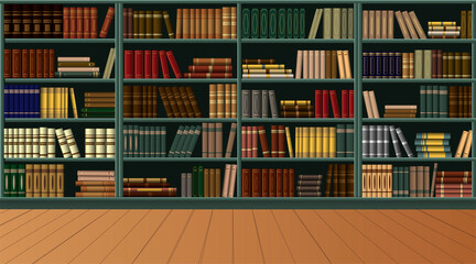Library, Bookstore. A large bookcase in the library with many different books. Background from books.
