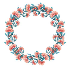 Raster flower wreath. Floral illustration on white background. Botanical image can be used for wedding invitation, design template, greeting card, patterns fill.