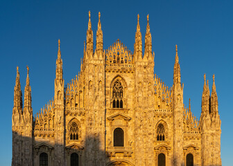 Front exterior of the Duomo di Milano, Milan, Italy.