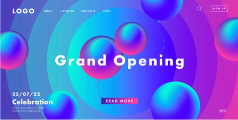 grand opening web banner with fluorescent round air balloons blue with purple pink light, on background with circles, modern style landing page design