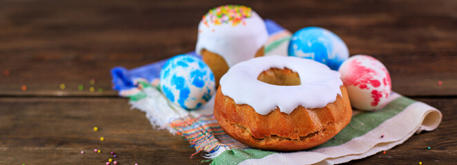 holiday Easter cake easter eggs portion on the table mood family holiday rustic meal top view copy space for text food background 