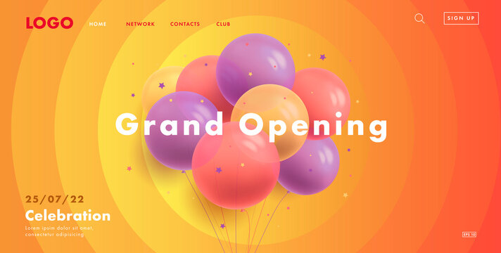 Grand opening web banner with bunch of round transparent air balloons on warm sunny background with circles spreading from center with interface