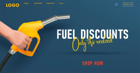 Fueling gasoline web banner with yellow realistic device for filling the car with petrol 3d illustration of fuel nozzle gun, landing page template on blue background - obrazy, fototapety, plakaty