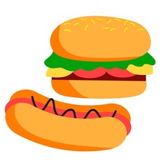 Cartoon cheeseburger, hot dog. Vector sign illustration