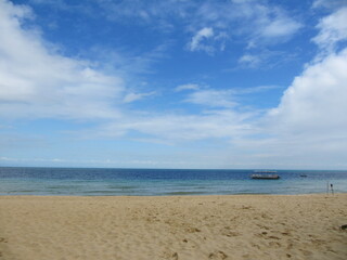 Boats and beaches on Moreton Island, white clouds, Brisbane, Queensland, Australia