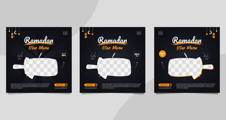 Obraz na płótnie Canvas Set of Ramadan social media post templates for iftar food and drink menu in black color background