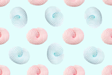 Meringue candy pastel colors seamless pattern isolated on white background. French pastries, sweet swirls marshmallows. Whipped dessert, egg cream and sugar. Wallpaper, textiles, wrapping paper print